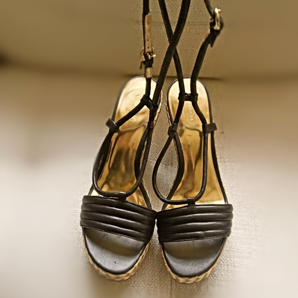 New Coach Wedge Sandle Black With Ankle Strap, Very Elegant